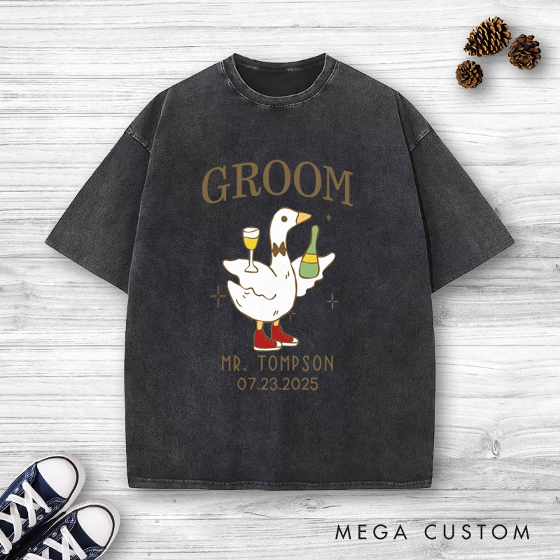 Personalized Lively Bride and Groom Silly Goose with Champagne Matching Wedding Couple Washed T-Shirt