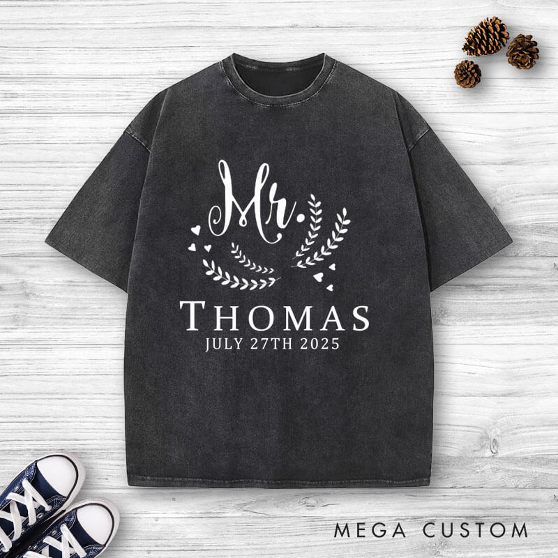 Personalized Graceful Mr and Mrs with Oliver Branches Matching Wedding Couple Washed T-Shirt