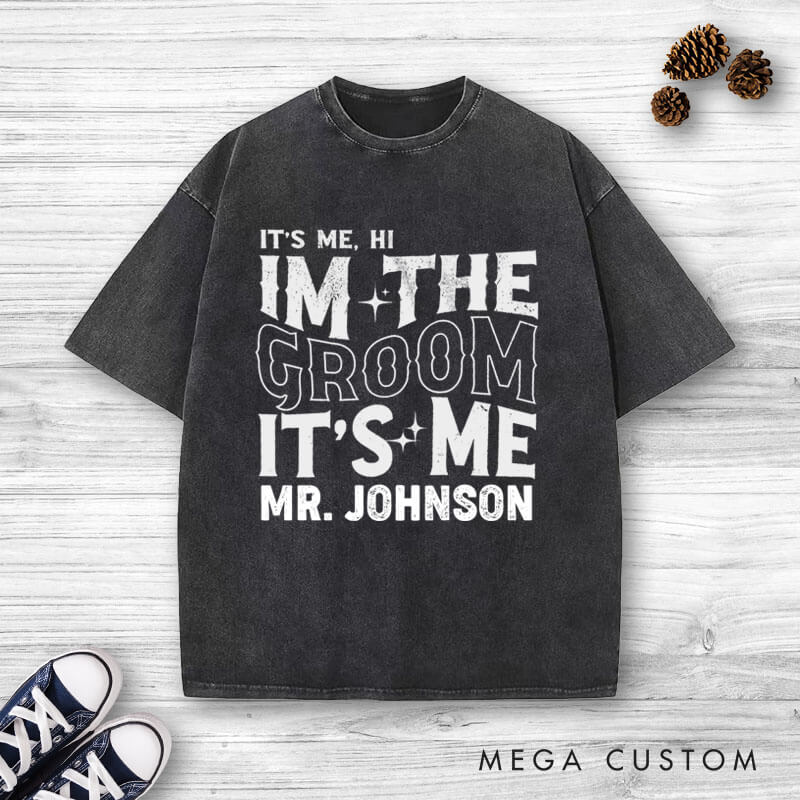 Personalized Modern Vintage It's Me Bride and Groom Matching Wedding Couple Washed T-Shirt