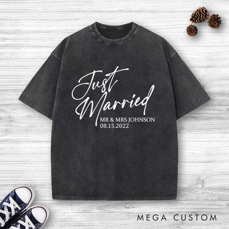 Personalized Modern Just Married Newlyweds Wedding Couple Washed T-Shirt