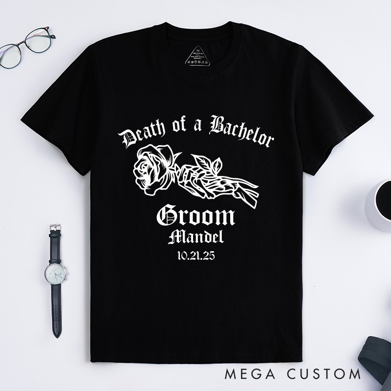 Personalized "Death of a Bachelor" T-Shirt Elegant Gothic Skeleton Rose Designed Groom T-Shirt Bachelor Party Favors Shirt for Him