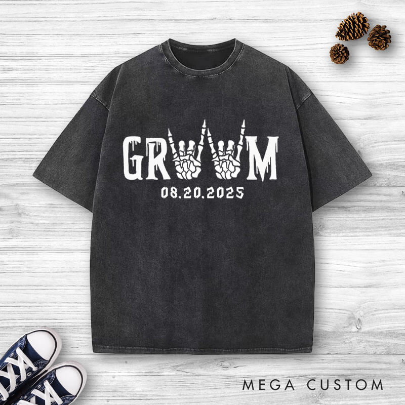 Personalized Funny Gesture Skeleton Bride and Groom Matching Wedding Couple Washed T-Shirt