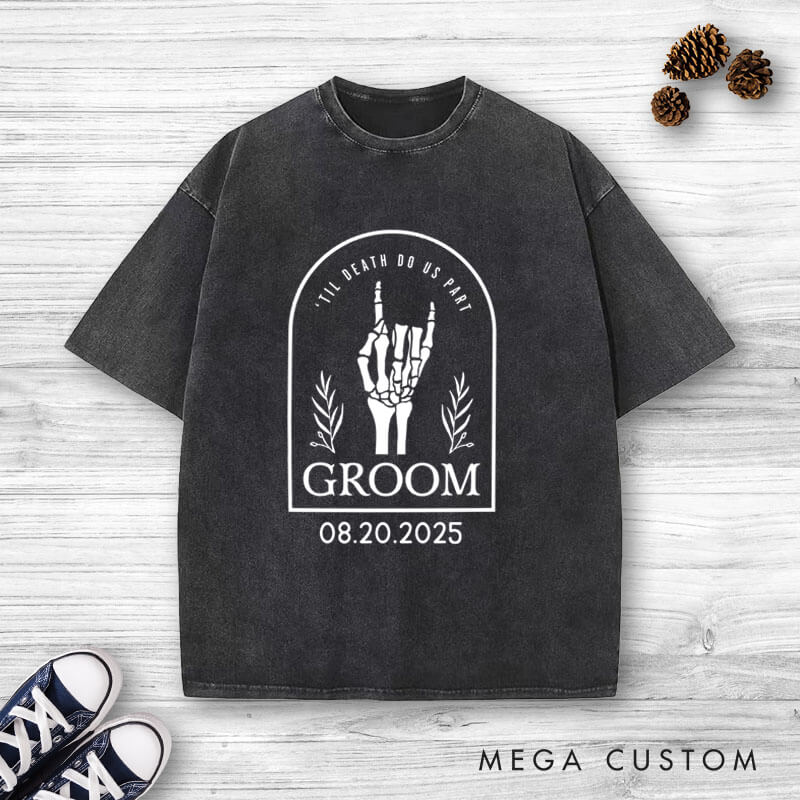Personalized Skeleton Hand Gestures Garden Bride and Groom Matching Wedding Couple Washed T-Shirt