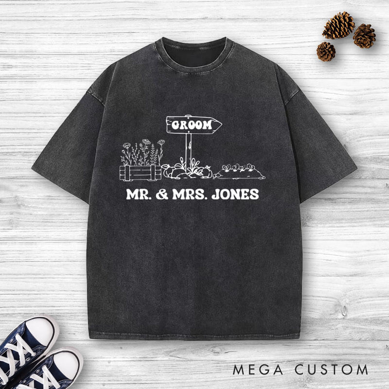 Personalized Rustic Bride anad Groom Countryside Matching Wedding Couple Washed T-Shirt