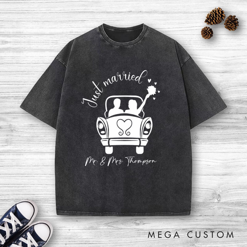 Personalized Romantic Just Married with Wedding Car Wedding Couple Washed T-Shirt