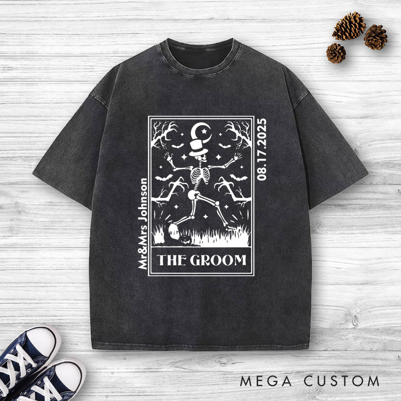 Personalized Whimsical Tarot Card Skeleton Bride and Groom Wedding Couple Washed T-Shirt