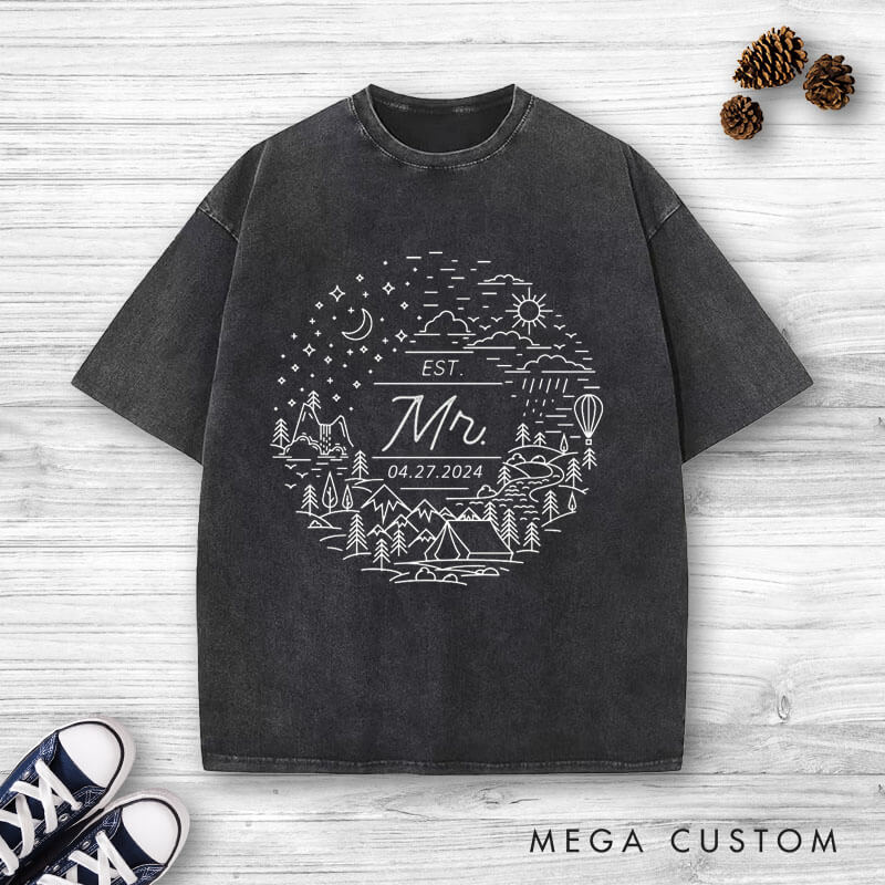 Personalized Charming Mr and Mrs Scenic Adventure Line Art Wedding Couple Washed T-Shirt