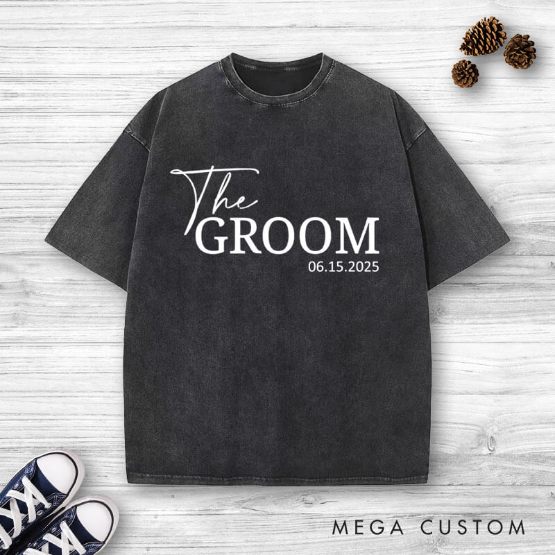 Personalized Minimalist The Bride and The Groom with Date Matching Wedding Couple Washed T-Shirt
