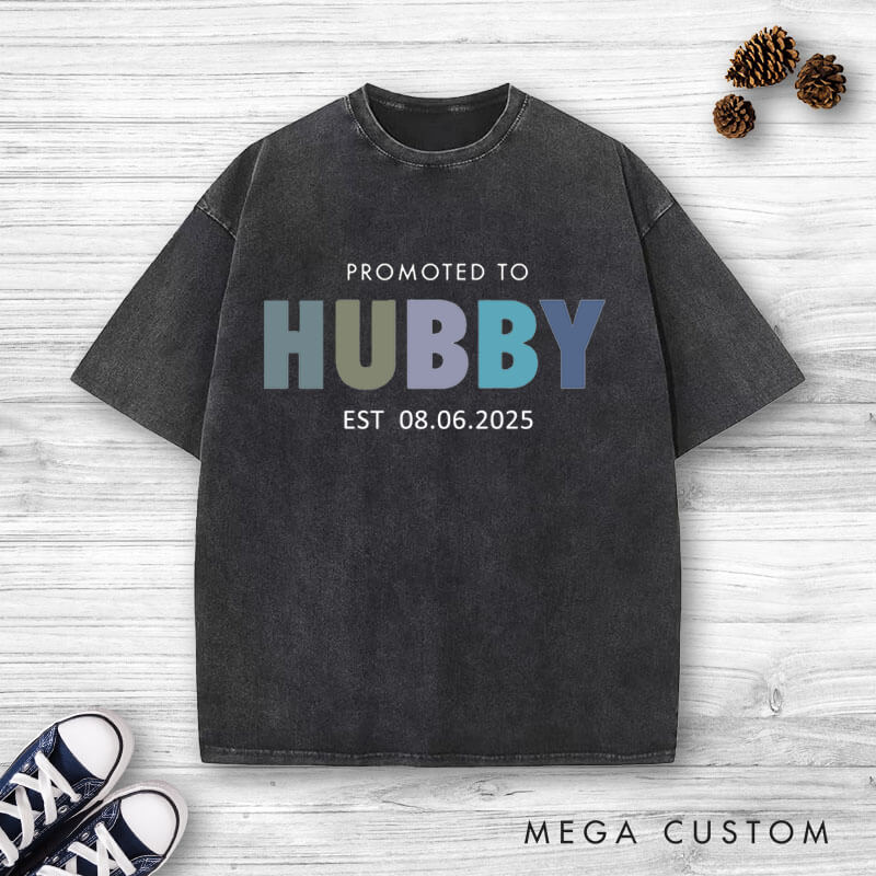 Personalized Playful Promoted to Hubby and Wifey Matching Wedding Couple Washed T-Shirt