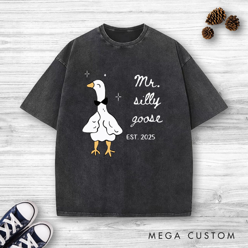 Personalized Funny Mr and Mrs Silly Goose Matching Wedding Couple Washed T-Shirt