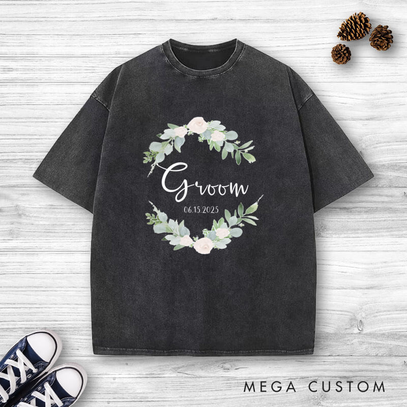 Personalized Elegant Floral Wreath Bride and Groom Matching Wedding Couple Washed T-Shirt