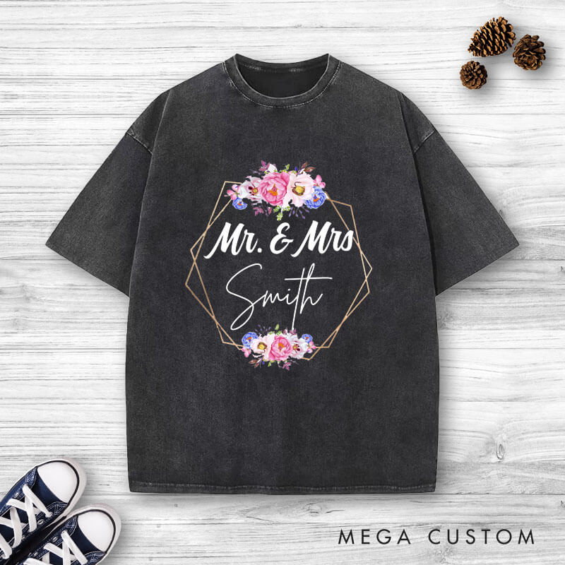 Personalized Geometric Frame with Watercolor Floral Mr and Mrs Wedding Couple Washed T-Shirt