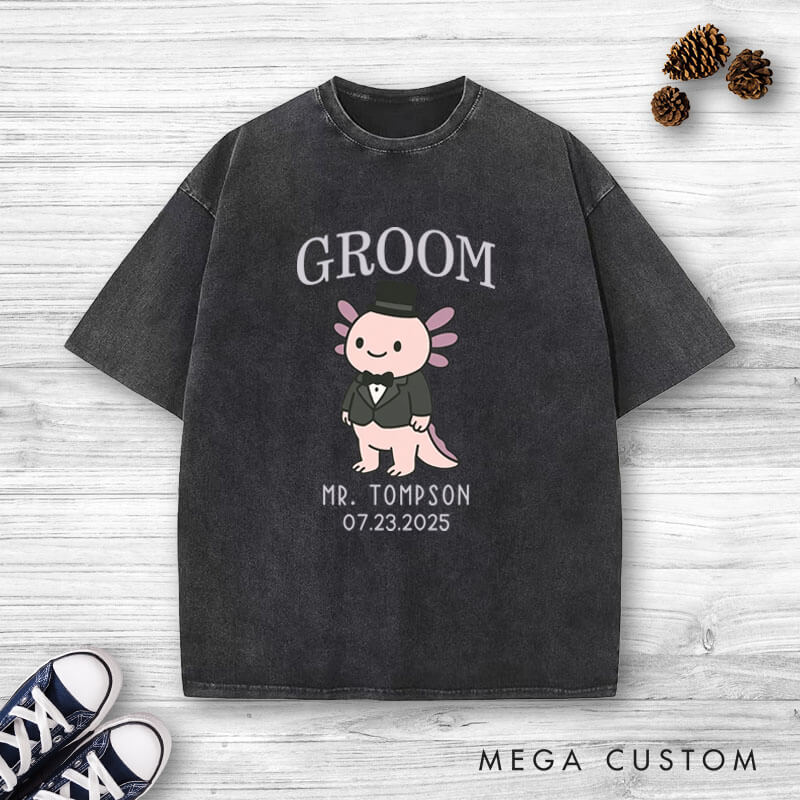 Personalized Cute Bride and Groom Axolotl Wedding Couple Washed T-Shirt