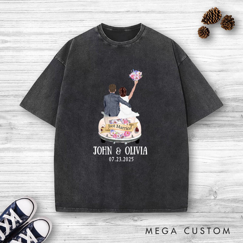 Personalized Romantic Just Married Getaway Car Wedding Couple Washed T-Shirt