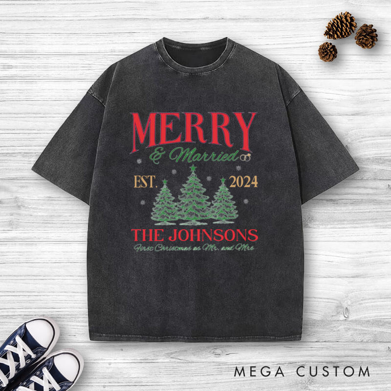 Personalized Joyful Merry and Married the First Christmas as Mr and Mrs Washed T-Shirt