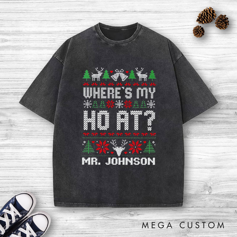 Personalized Playful Where’s My Ho At Christmas Matching Couple Washed T-Shirt