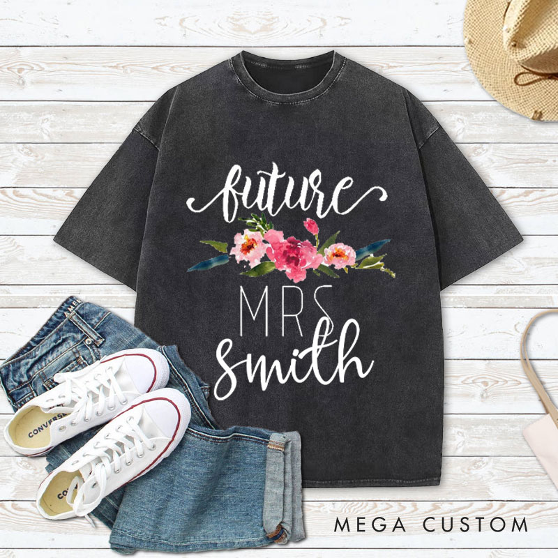 Personalized Watercolor Floral Future Mrs Fiancee Engagement Fiancée Washed T-Shirt