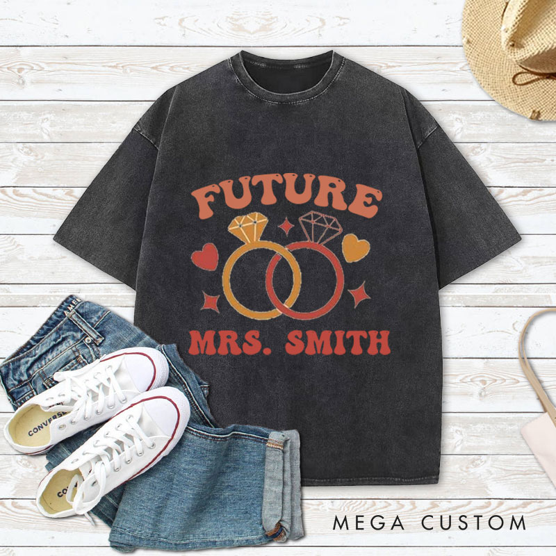 Personalized Playful Future Mrs with Intertwined Rings Fiancee Engagement Fiancée Washed T-Shirt