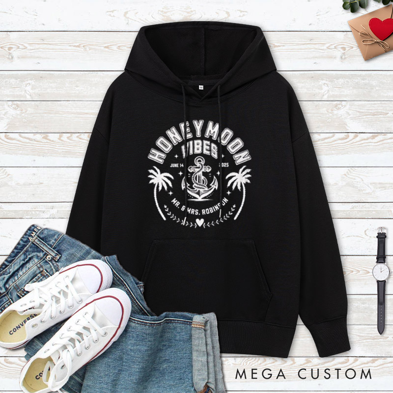 Personalized Nautical Honeymoon Vibes with Anchor and Palm Trees Matching Honeymoon Couple Hoodie