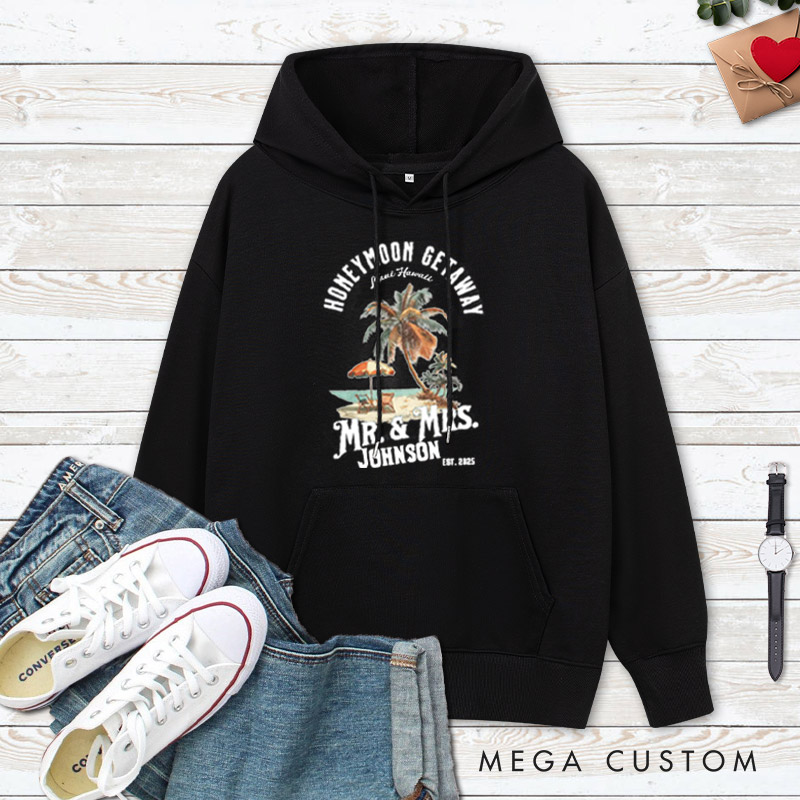 Personalized Vintage Tropical Honeymoon Getaway with Beach Scene Matching Honeymoon Couple Hoodie