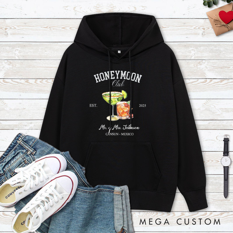 Personalized Tropical Honeymoon Club with Colorful Cocktails Matching Honeymoon Couple Hoodie