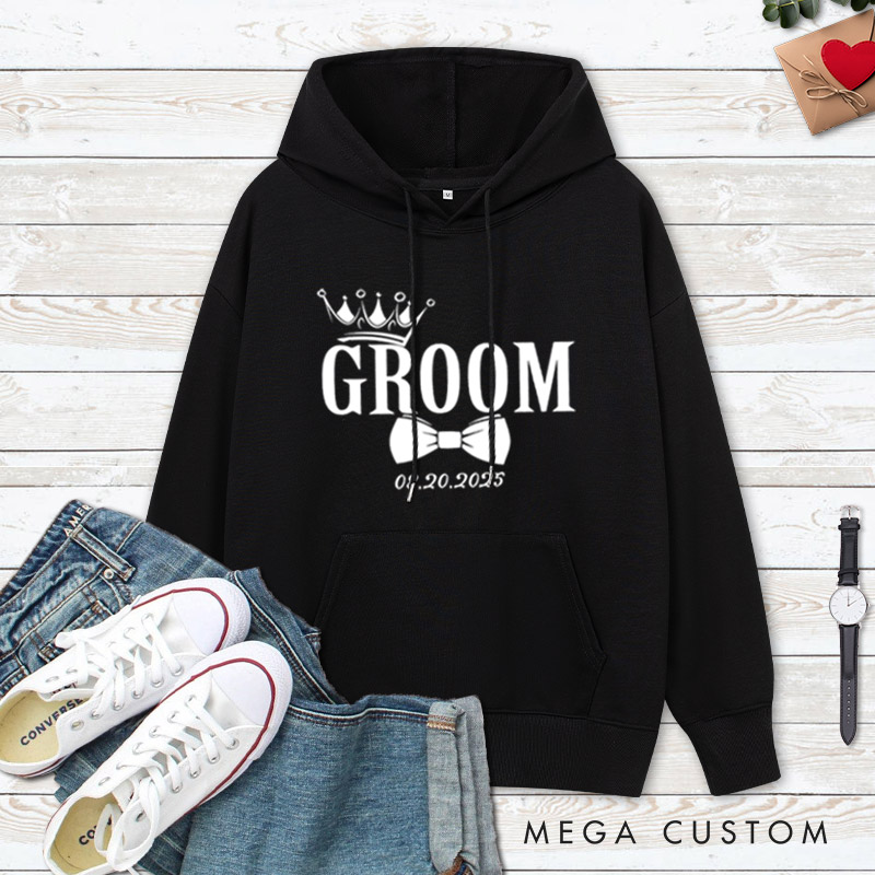 Personalized Regal Bride and Groom with Crowns and Date Matching Wedding Couple Hoodie