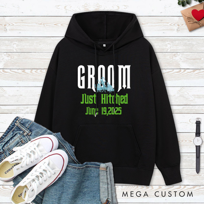 Personalized Playful Just Hitched Bride and Groom Wedding Couple Hoodie