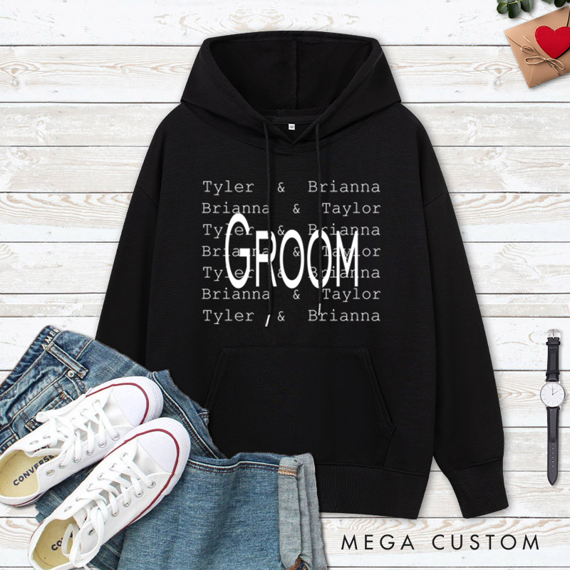 Personalized Modern Repetitive Text Bride and Groom Wedding Couple Hoodie