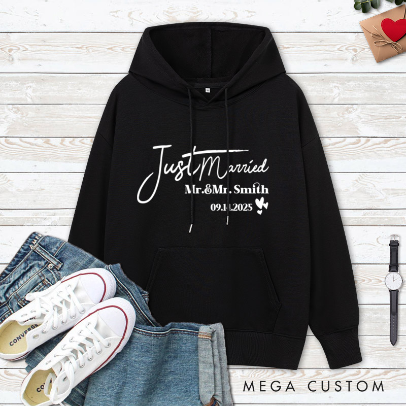 Personalized Elegant Just Married Mr and Mrs with Hearts Wedding Couple Hoodie