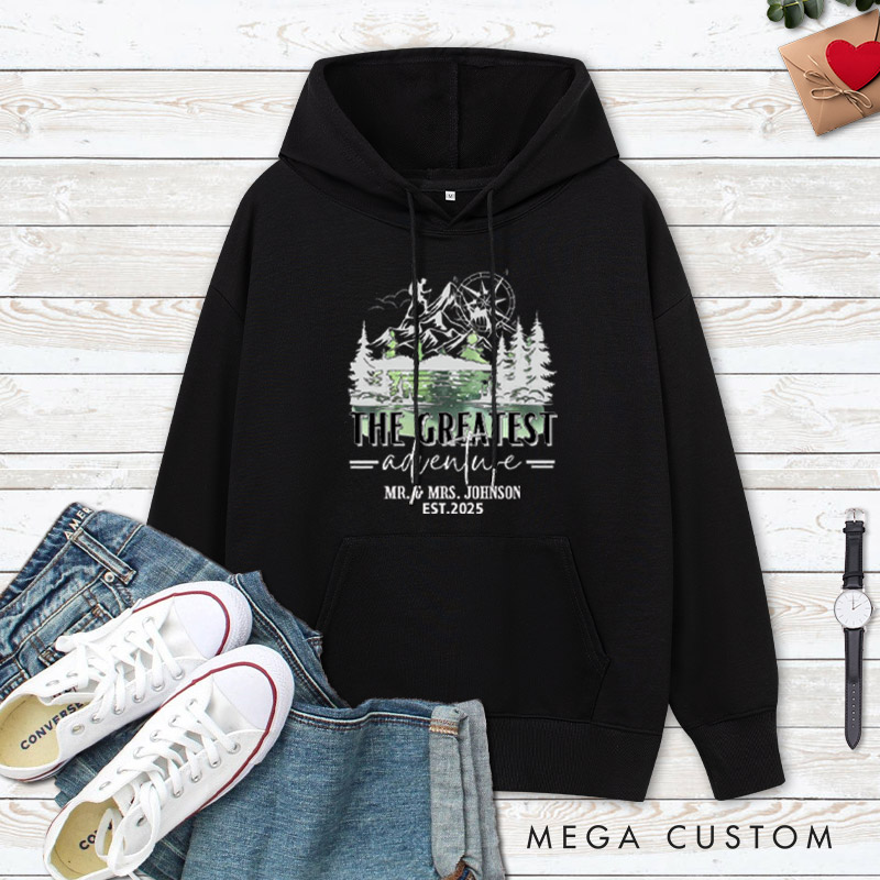 Personalized The Greatest Adventure Mr and Mrs Wedding Couple Hoodie