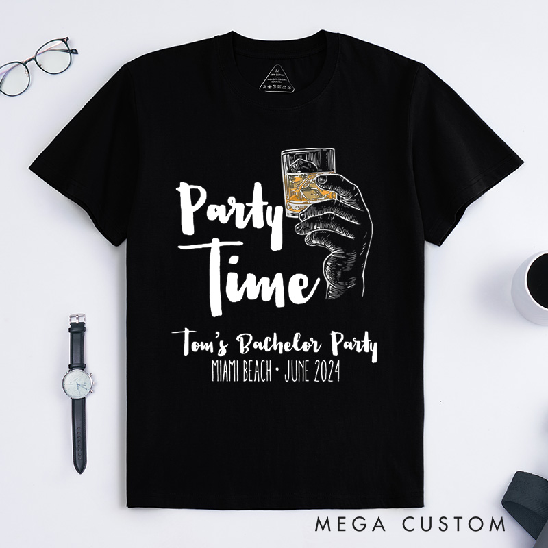 Personalized Party Time Bachelor Party T-Shirt Whiskey Glass Shirt for Groomsman Wedding Party Favors Shirt for Men Best Man Gift