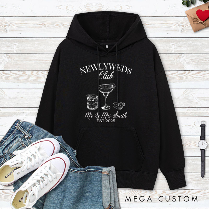 Personalized Rustic Newlyweds Club with Cocktails Mr and Mrs Wedding Couple Hoodie