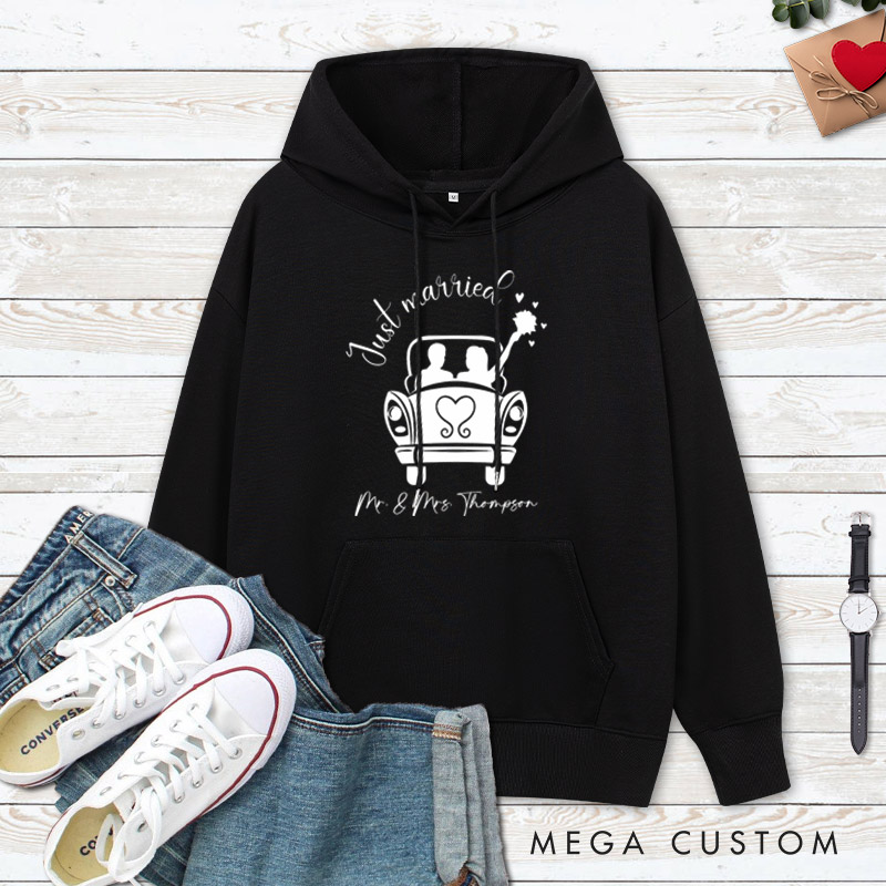 Personalized Romantic Just Married with Wedding Car Wedding Couple Hoodie
