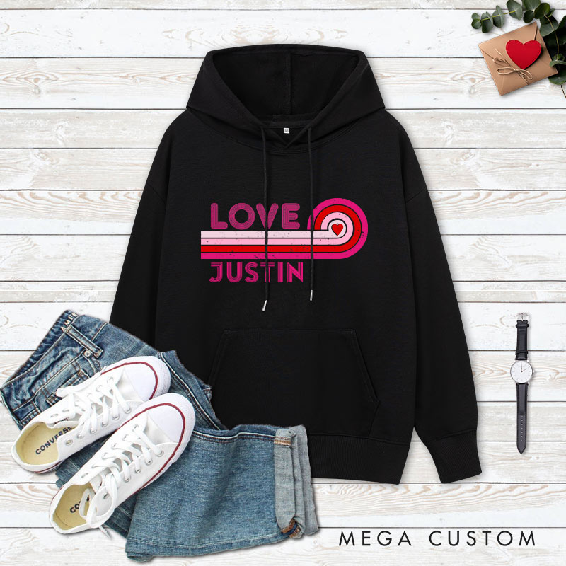Personalized Couple Retro Love Valentine's Day Hoodie with Name Couple Sweatshirt for Boyfriend Girlfriend Hubby Wifey Husband Wife