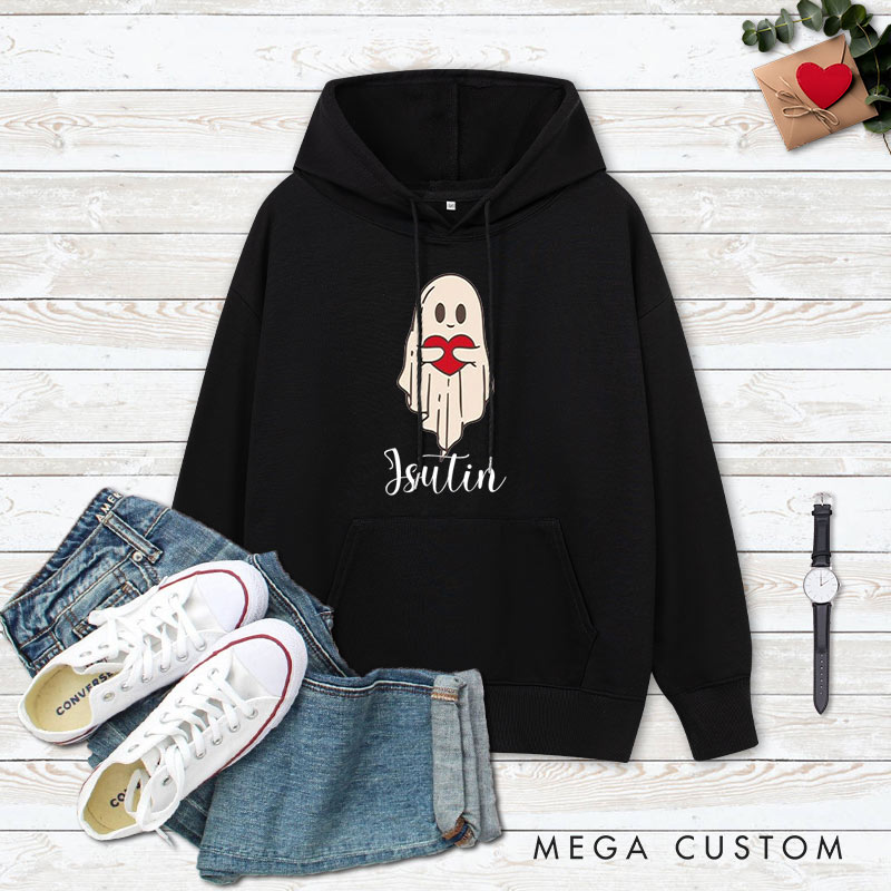 Personalized Couple Ghost Holding a Heart Valentine's Day Hoodie with Name Couple Sweatshirt for Boyfriend Girlfriend Hubby Wifey Husband Wife
