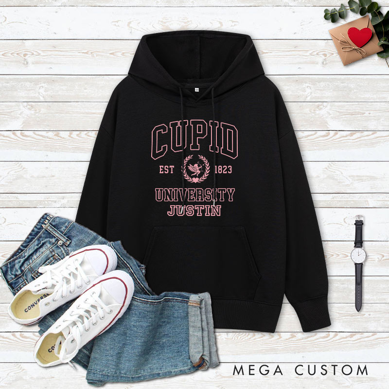 Personalized Couple Cupid University Valentine's Day Hoodie with Name Couple Sweatshirt for Boyfriend Girlfriend Hubby Wifey Husband Wife