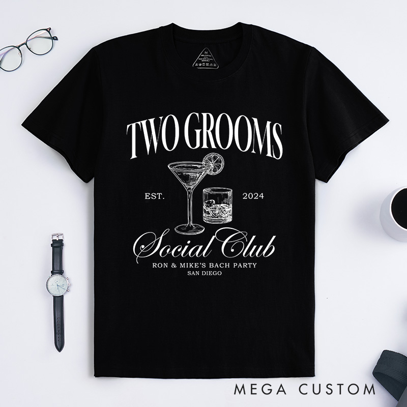 Personalized Two Groom Vibe Social Club T-Shirt Gay Bachelor Party T-Shirt LGBTQ Pride Wedding Gay Mr & Mr Top Pride Tee