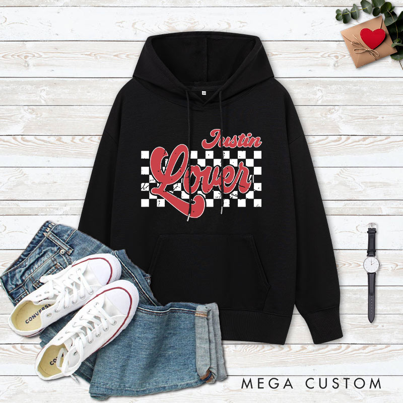 Personalized Couple Retro Checkerboard Lover Valentine's Day Hoodie with Name Couple Sweatshirt for Boyfriend Girlfriend Hubby Wifey Husband Wife