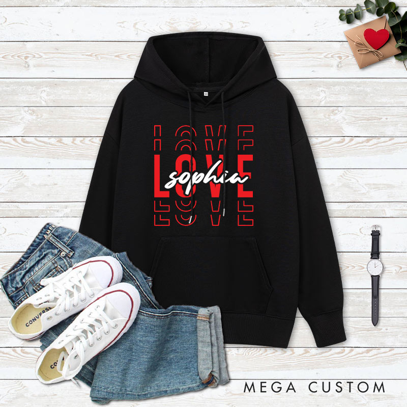 Personalized Couple Love Her and Love His Valentine's Day Hoodie with Name Couple Sweatshirt for Boyfriend Girlfriend Husband Wife Hubby Wifey