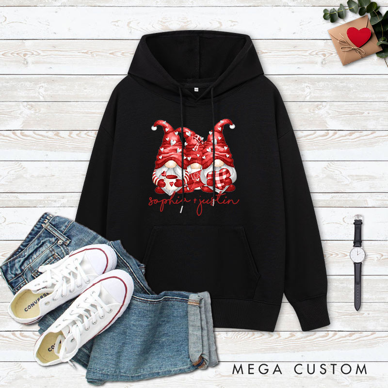 Personalized Couple Three Heart Gnome Valentine's Day Hoodie with Name Couple Sweatshirt for Boyfriend Girlfriend Husband Wife Hubby Wifey