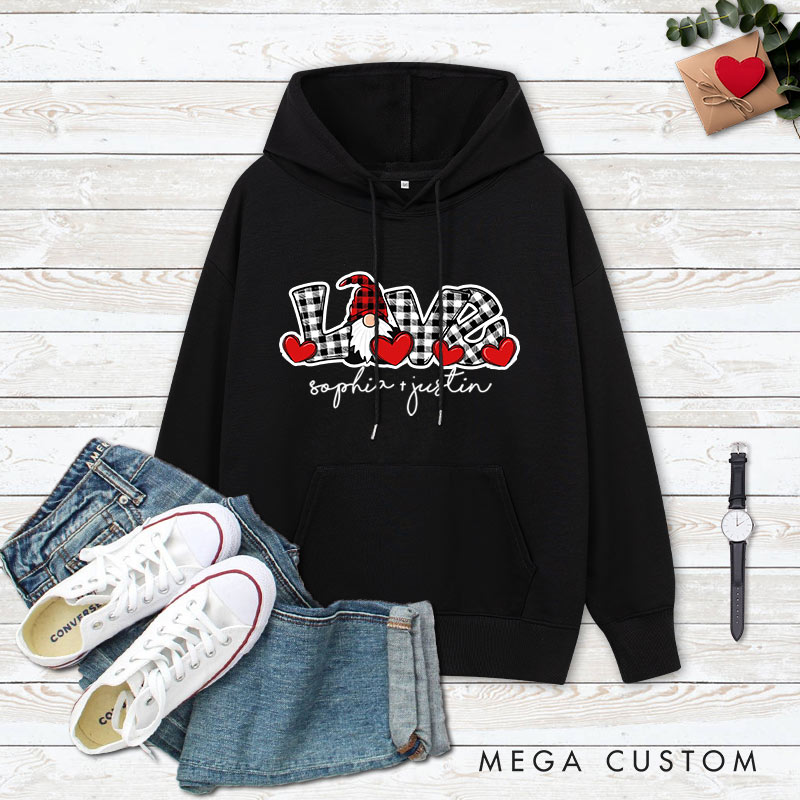 Personalized Couple Plaid LOVE Gnome Valentine's Day Hoodie with Name Couple Sweatshirt for Boyfriend Girlfriend Husband Wife