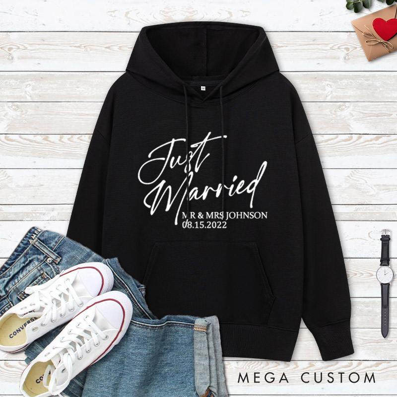 Personalized Modern Just Married Newlyweds Wedding Couple Hoodie