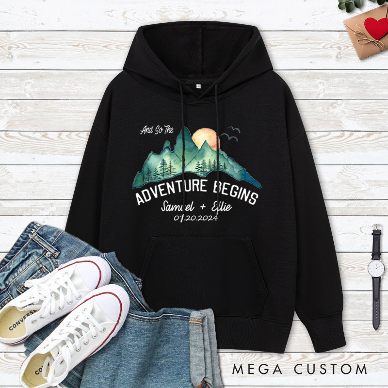Personalized Scenic And So The Adventure Begins Newlyweds Wedding Couple Hoodie