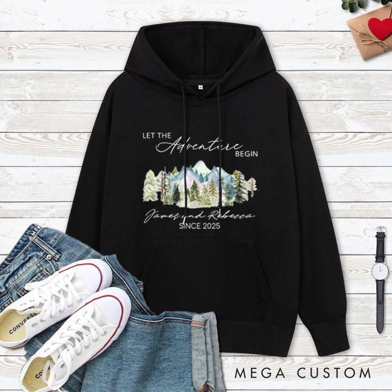 Personalized Mountain Scenic Let the Adventure Begin Newlyweds Wedding Couple Hoodie