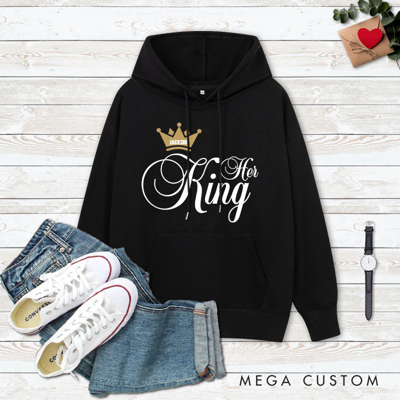Personalized Couple Her King and His Queen Valentine's Day Hoodie with Name Couple Sweatshirt for Boyfriend Girlfriend Husband Wife