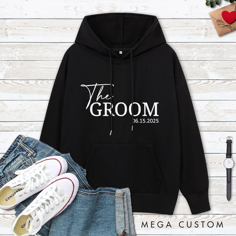 Personalized Minimalist The Bride and The Groom with Date Matching Wedding Couple Hoodie