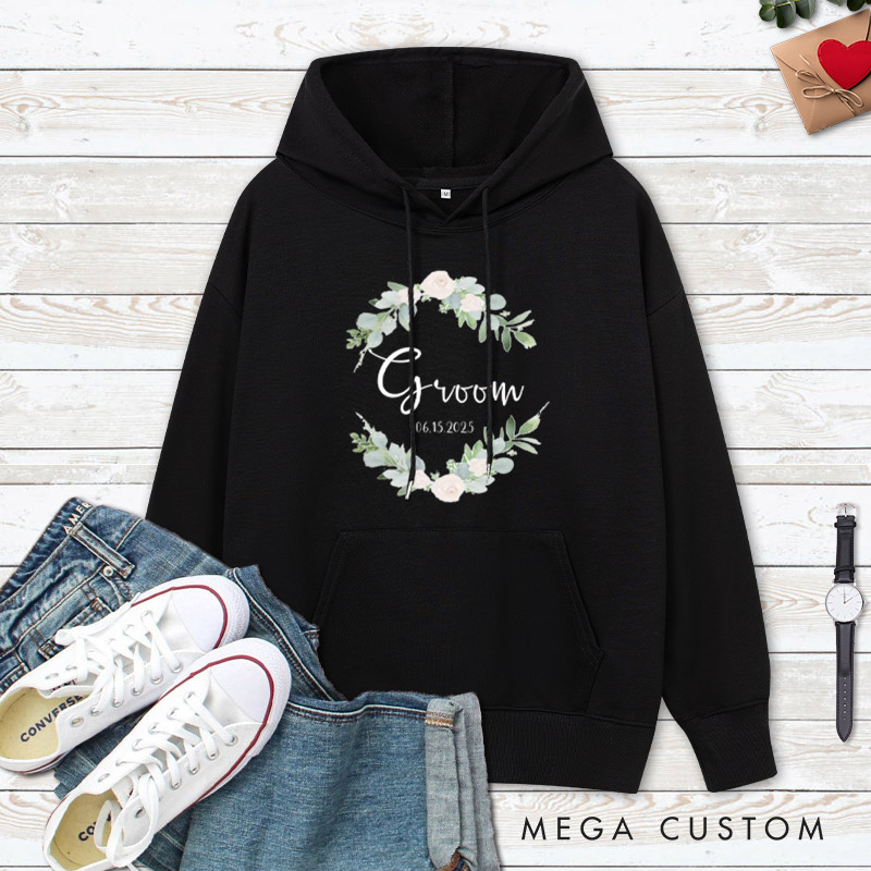 Personalized Elegant Floral Wreath Bride and Groom Matching Wedding Couple Hoodie