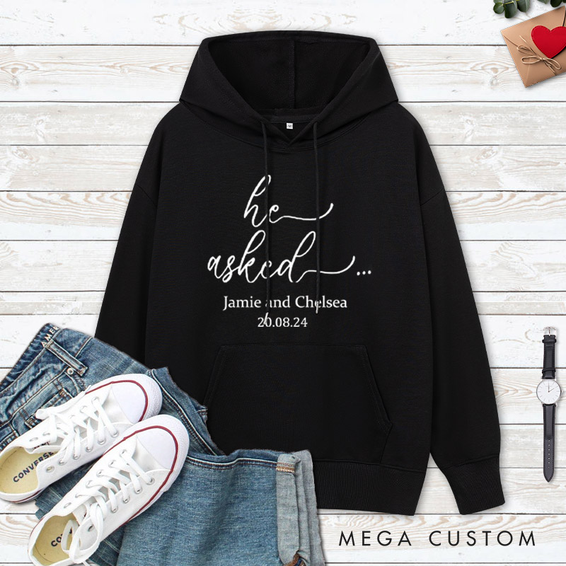 Personalized He Asked and She Said Yes Engagement Couple Hoodie