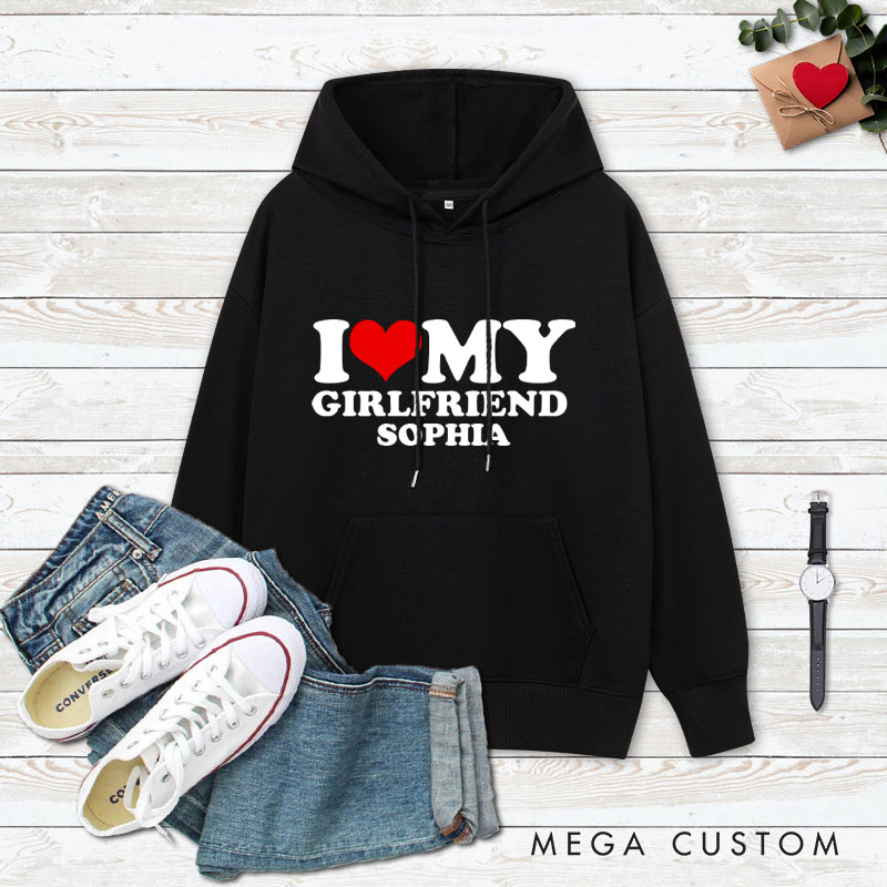 Personalized Couple I Love My Girlfriend Valentine's Day Hoodie with Name Couple I Love My Boyfriend Sweatshirt for Boyfriend Girlfriend Husband Wife