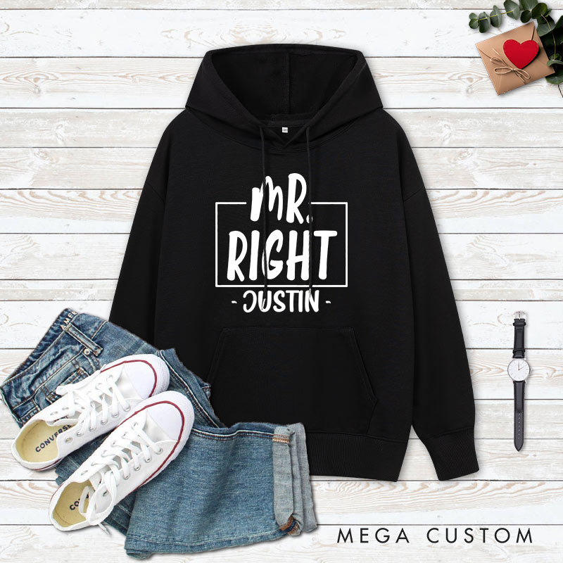 Personalized Couple Mr. Right and Mrs. Always Right Valentine's Day Hoodie with Name Couple Sweatshirt for Boyfriend Girlfriend Husband Wife